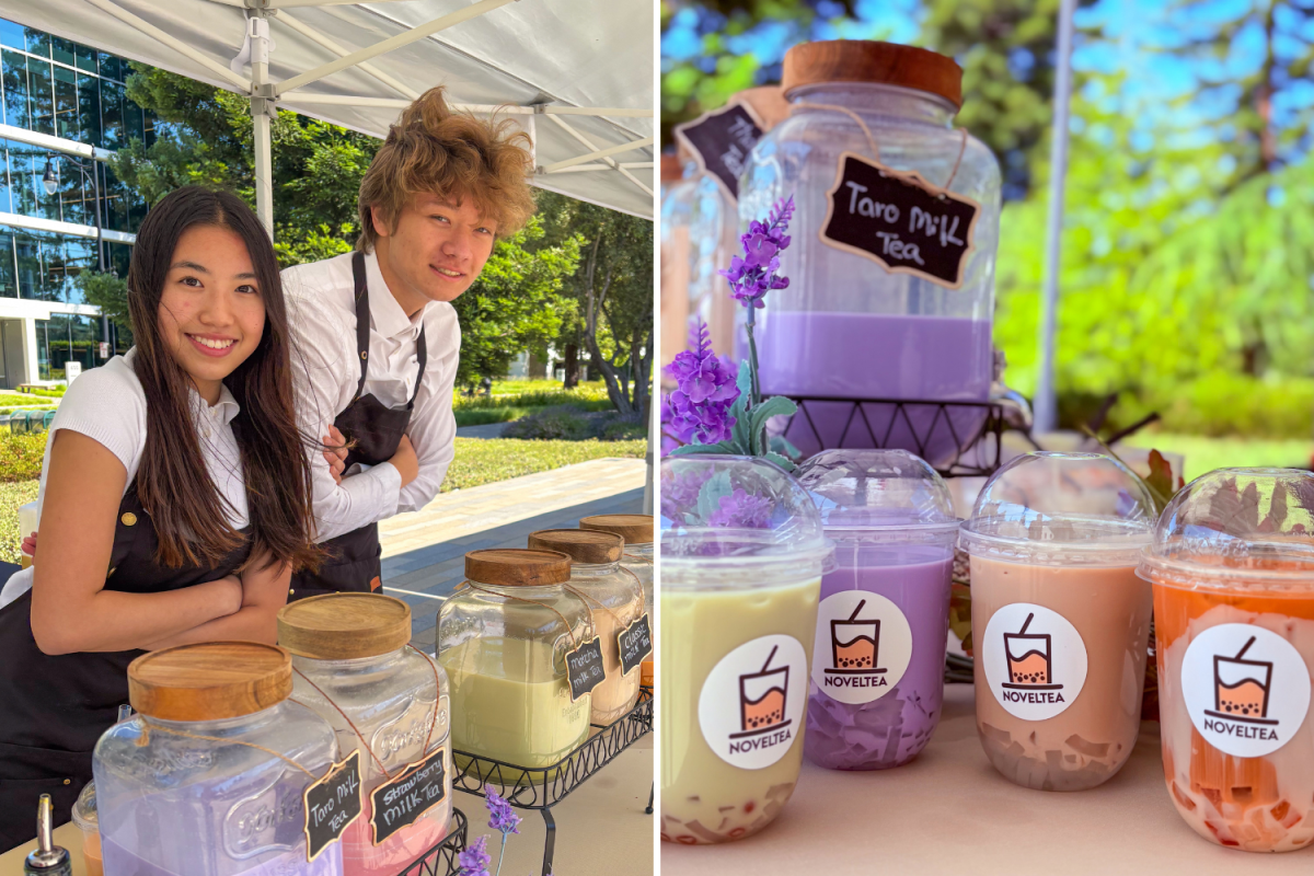 Madison Chan (left) and Jayden Peterson (right) pose with their drinks at their boba booth. Images used with permission from Madison Chan.