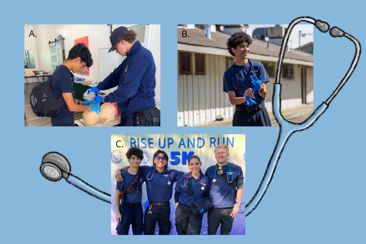 A. Ilan Garcia performs an EMT training procedure.
B. Garcia puts on gloves in preperation for his training.
C. Garcia poses with his fellow EMT trainees. Photos used with permission from Ilan Garcia.