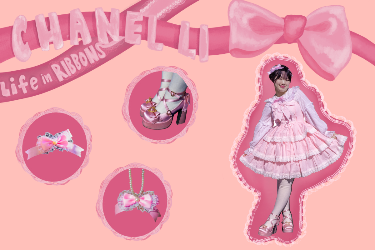 Chanel Li poses in a pink lacy dress with accessories.