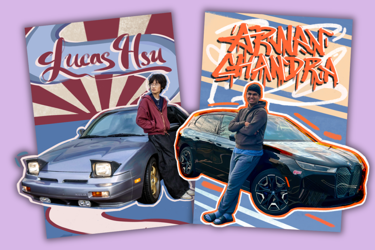 Arnav Chandra and Lucas Hsu pose with their respective cars.