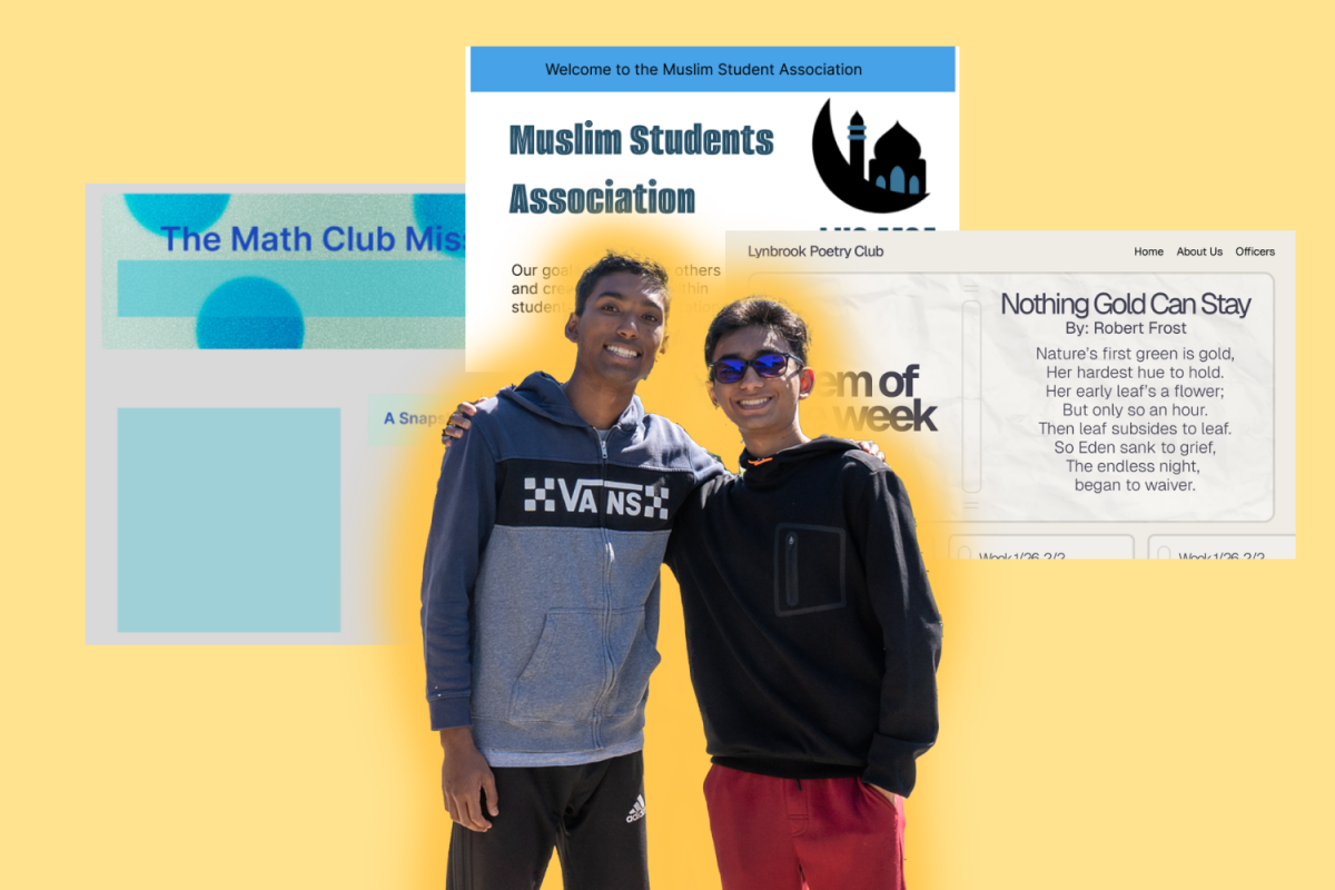 Co-president Rohan Fernandes and Aarush Tiwari pose before mock-ups of club websites. Fernandes and Tiwari said they hope to release the websites in April. Photos used with permission by Software by Society.
