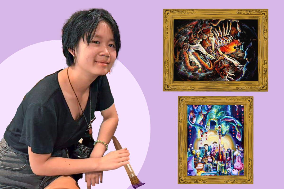 A. “The Forgotten New Year,” a color pencil painting by Torsia Xu.
B. Xu’s hand-drawn animation.
C. “Rabbit Cosmetic,” an oil painting by Xu. Photos used with permission from Torsia Xu.