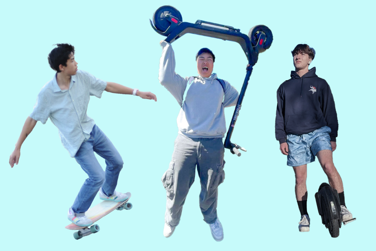 Oscar Chung swerves on his skateboard. Daniel Zhou raises his e-scooter above his head. Aerik Turkal poses with his
OneWheel. Photos used with permission from Oscar Chung, Aerik Turkal and Daniel Zhou.
