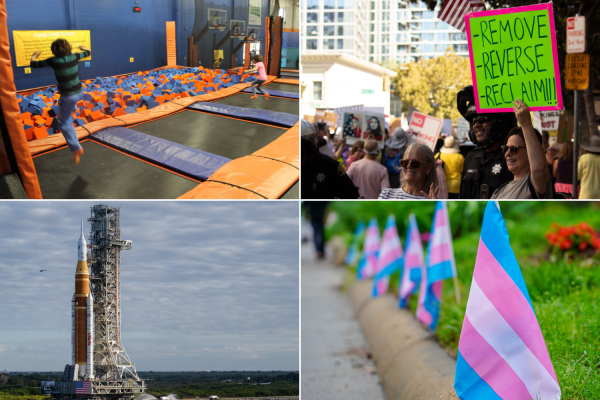 Recent events to note include the Class of 2028 and 2029's collaborative trampoline park event, the Bay Area "No Kings" protests, the launch of Aremis II and the exclusion of transgender athletes from Olympic sports. Top left: Photo by Corey Seeman/Flickr
Top right: Photo by Claire Guo
Bottom left: Photo from Keegan Barber/NASA
Bottom right: Photo from Gaby Lopez/Pexels