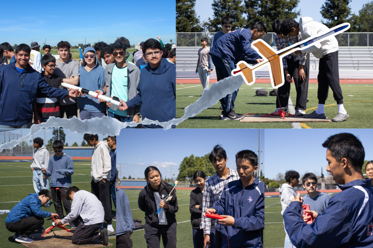 Top left: Aeronautics Club poses with a rocket. 
Top right: Students set up a rocket.
Bottom left: Students adjust their rocket.
Bottom middle: Members watch Li explain the device.
Bottom right: Li clips a launch device.