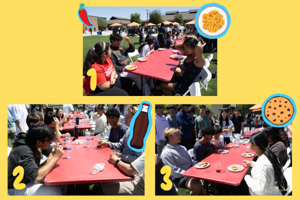 Top: Students participate in the first ramen challenge
Bottom left: The next challenge is soda-guessing. Photos by Vanessa Yap. 
Bottom right: The final challenge is rock-paper-scissor cookie-eating.